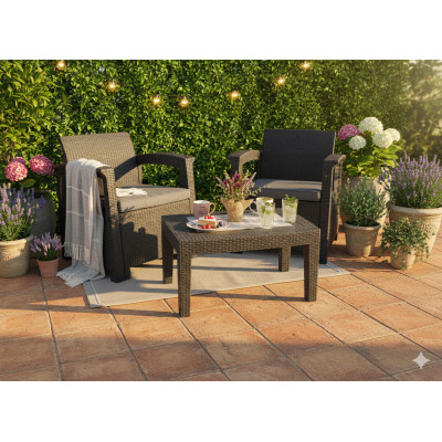 Gardenline Balkonový zahradní set nábytku Rattan stůl + 2 křesla